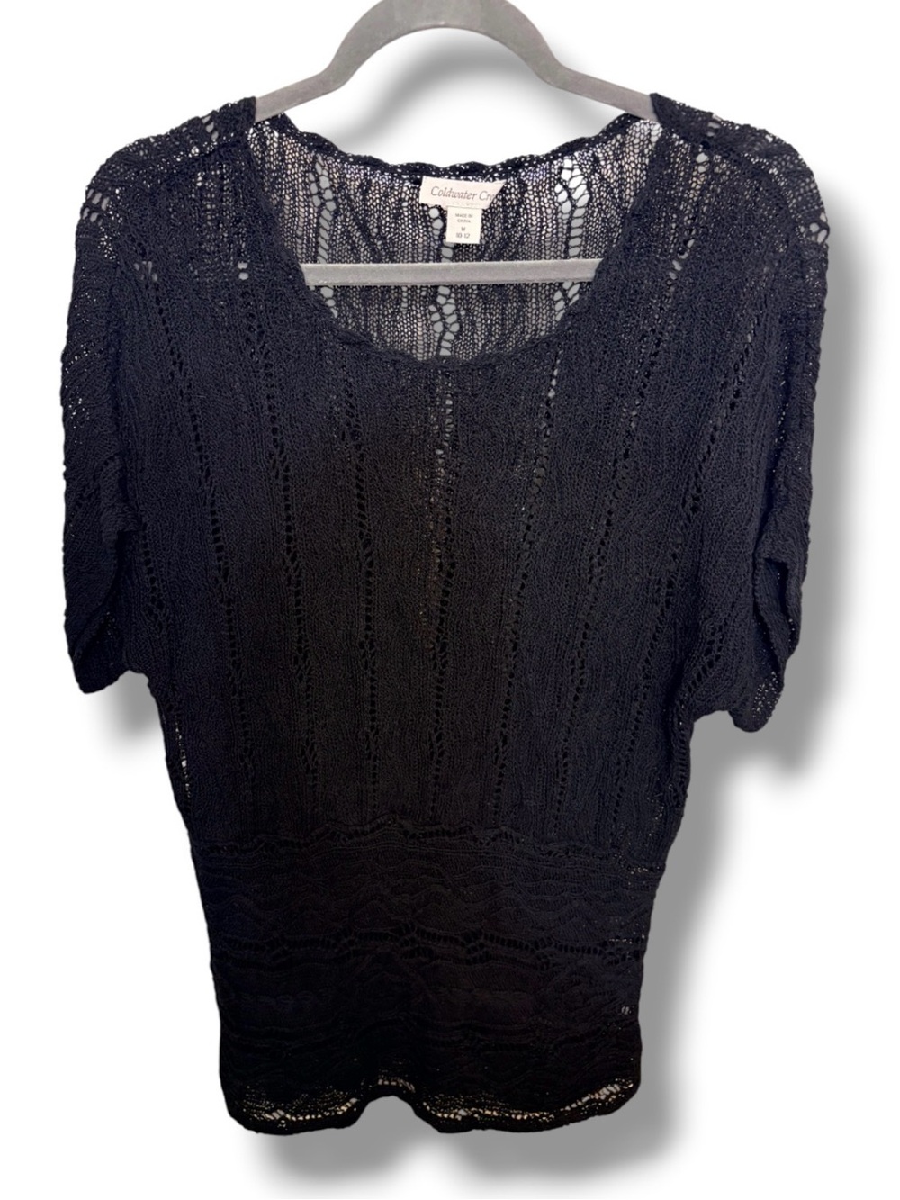 Coldwater Creek size M Black Openwork Crochet Short Sleeve Top